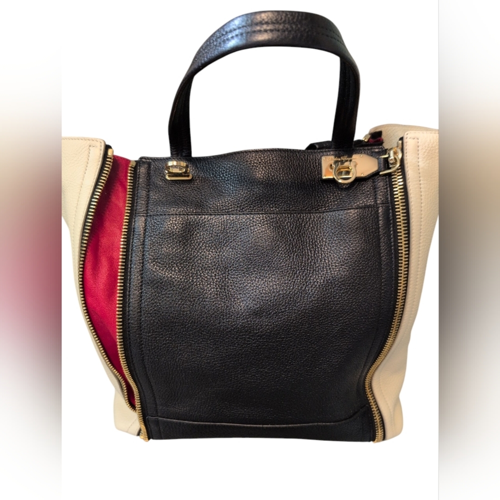 Salvatore Ferragamo Black and Cream Red Tote Bag Heavy Italy Expandable Leather - Picture 3 of 15